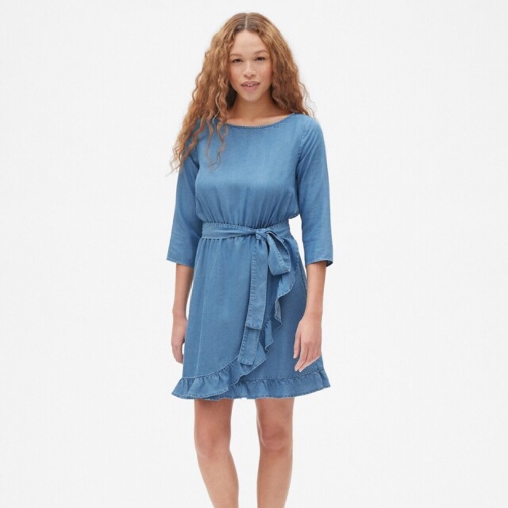 GAP Faux Wrap Chambray Ruffle Hem Dress, Sz S